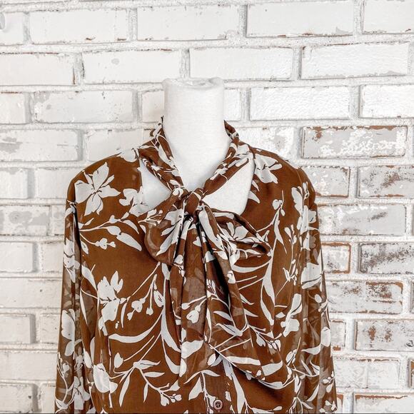 Lane Bryant Tie Neck Bow Brown and Off White Floral Sheer Midi Dress 22 - Picture 11 of 13